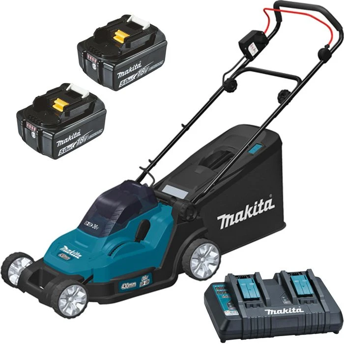 Makita DLM432PT2 Akku-Rasenmäher 18V Mit 2 Akkus 5Ah, Ladegerät & Fangkorb 50L