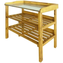 VidaXL Pflanztisch 43795, Natur, 76 X 37 X 92 Cm, Holz, Metall, Mit Ablageflächen