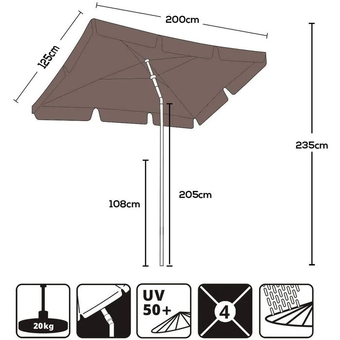 Sekey Sonnenschirm 39921397, Rechteckig, 200 X 125cm, Cappuccino, Neigbar, Höhenverstellbar – Bild 7