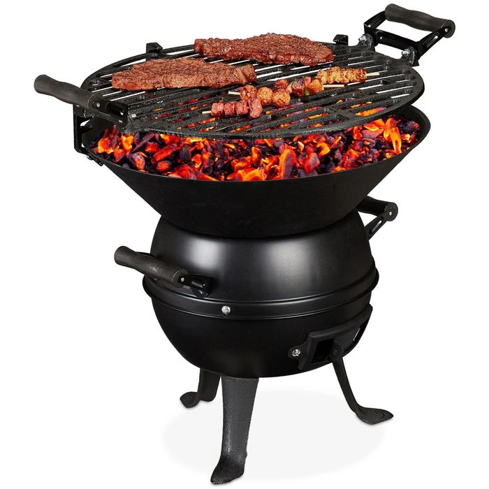 Relaxdays Holzkohlegrill Grillfass, Gusseisen, Mit Griffen, Grillfläche Ø 35cm