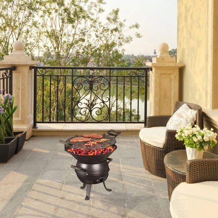 Relaxdays Holzkohlegrill Grillfass, Gusseisen, Mit Griffen, Grillfläche Ø 35cm – Bild 2