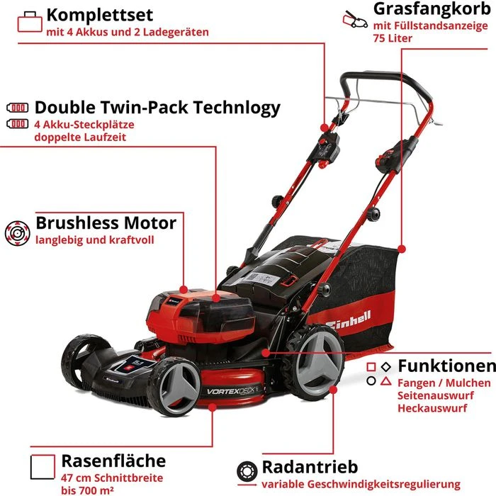Einhell Rasenmäher GP-CM 36/47 S HW Li, Akku, 2x18V / 4Ah, Mit 4 Akkus, Ladegerät & Fangkorb 75L – Bild 2