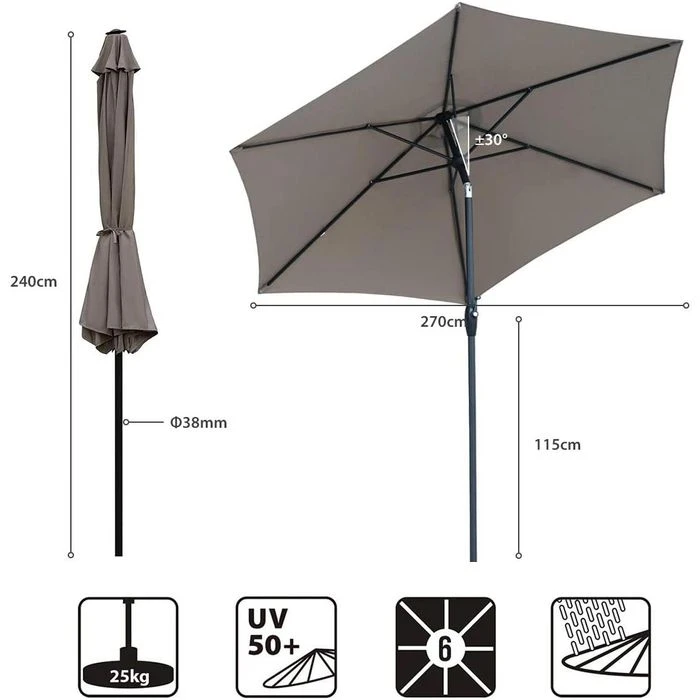 Sekey Sonnenschirm 39927188, Rund, Ø 270cm, Taupe, Neigbar – Bild 7