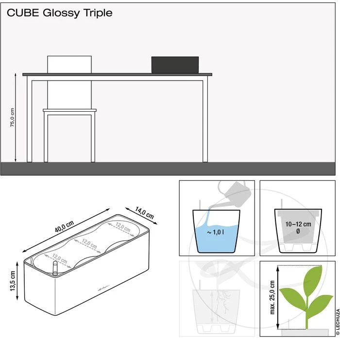 Lechuza Übertopf Cube Glossy Triple, Scarlet Rot, 40 X 14 X 13,5 Cm, Kunststoff, Bewässerungssystem – Bild 6