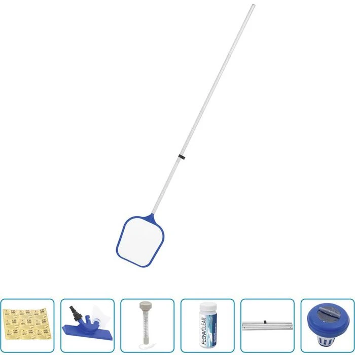 Bestway Poolreinigungsset Flowclear, 7-teilig, Kescher, Poolbodensauger, Teleskopstange, Dosierer