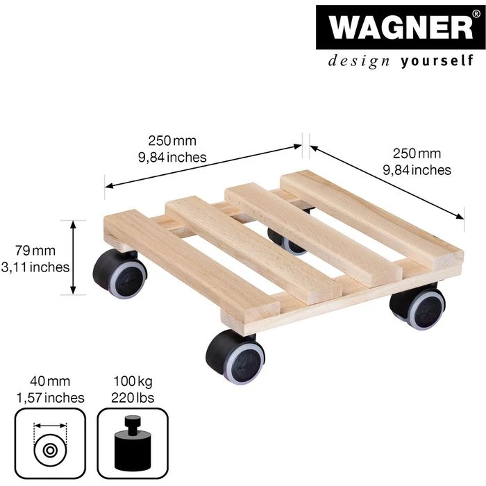 Wagner-System Pflanzenroller 20009701, Eckig, Buche Massiv, 100kg, Natur, 25 X 25cm – Bild 3
