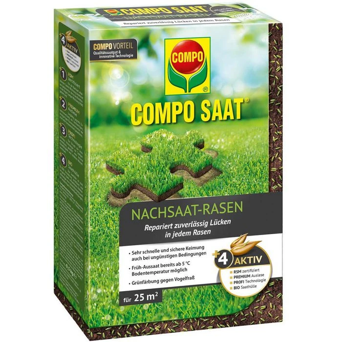 Compo Rasensamen Nachsaat-Rasen, Rasenreparatur, Schnellkeimend, 25m² / 0,5kg