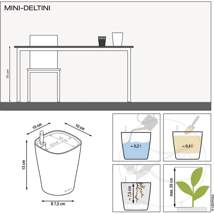 Lechuza Übertopf MINI-DELTINI, Taupe Hochglanz, 10 X 10 X 13 Cm, Kunststoff, Erdbewässerungssystem – Bild 5