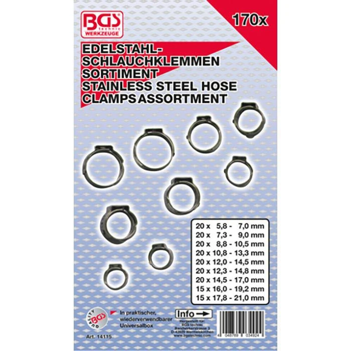 BGS-technic Schlauchschelle 14115, 5,8 - 21mm, Edelstahl, 9 Verschiedene Größen, 170-teilig – Bild 2