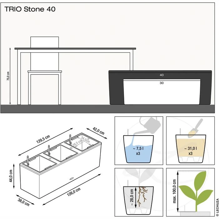 Lechuza Pflanzkasten TRIO Stone 40 Graphitschwarz, 129 X 42 X 44 Cm, Kunststoff, Bewässerungssystem – Bild 5