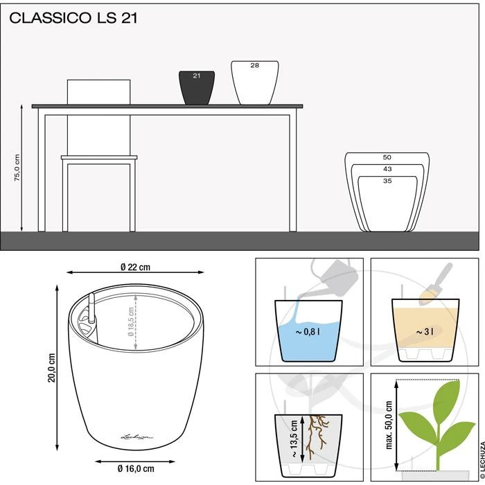 Lechuza Übertopf CLASSICO LS 21 Weiß Hochglanz, Ø 22 X H 20 Cm, Kunststoff, Erdbewässerungssystem – Bild 5