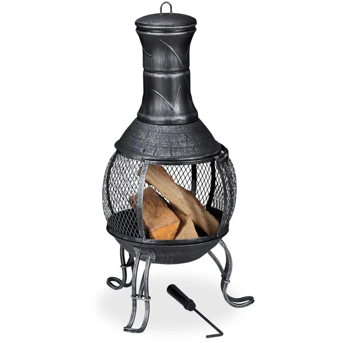 Relaxdays Feuerschale 10030260, 45 X 89cm, Stahl, Terrassenofen Mit Feuerhaken & Funkenschutz