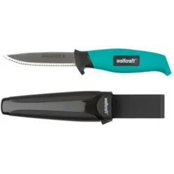 Wolfcraft Gartenmesser 4086000, Universalmesser, 23cm, Gezahnte Festklinge, Mit Köcher, Blau