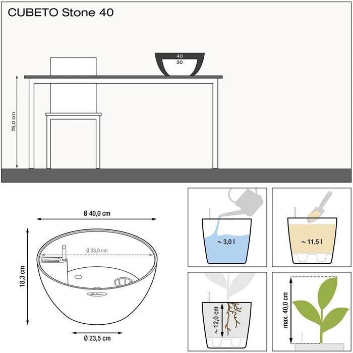 Lechuza Übertopf CUBETO Stone 40 Sandbeige, Ø 40 X H 18 Cm, Kunststoff, Erdbewässerungssystem – Bild 5