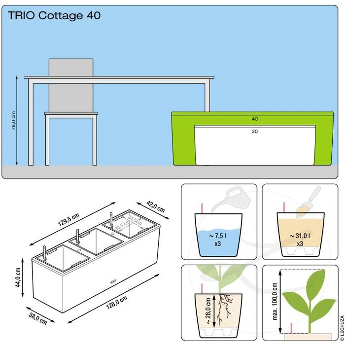 Lechuza Pflanzkasten TRIO Cottage 40 Sandbraun, 129 X 42 X 44 Cm, Kunststoff, Bewässerungssystem – Bild 5
