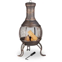 Relaxdays Feuerschale 10026554, 44 X 89cm, Stahl, Terrassenofen Mit Feuerhaken & Funkenschutz