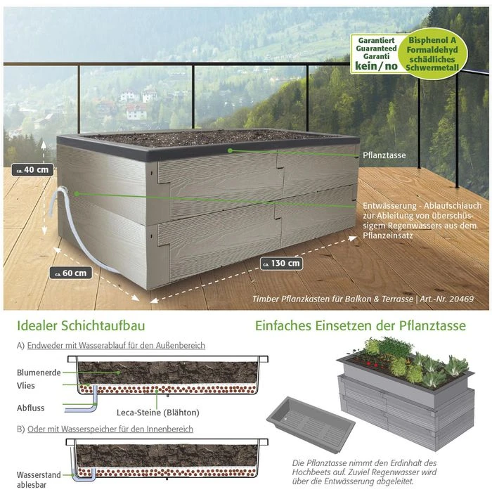 Juwel Pflanzkasten Timber 20469 Grau, 130 X 60 X 40 Cm, Kunststoff, Bewässerungssystem – Bild 4