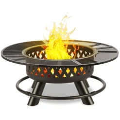 Blumfeldt Feuerschale Rosario, Ø 120cm, Edelstahl, Feuerhaken, Funkenschutz & Grillrost