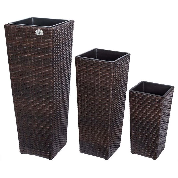 Deuba Übertopf 3er Set Polyrattan, Braun, 30/24,5/21 Cm, Quadratisch, Kunststoff