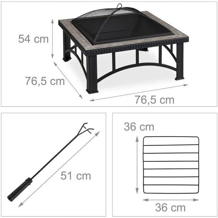 Relaxdays Feuerschale 10033790, 76,5 X 76,5cm, Stahl, Mit Feuerhaken Und Funkenschutz â Bild 2