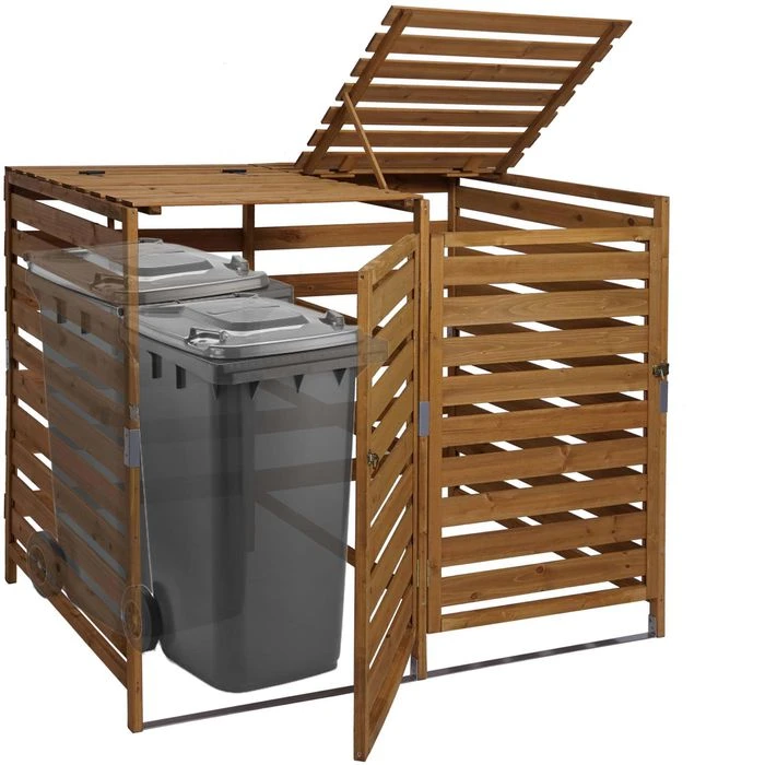 Mendler Mülltonnenbox HWC-H62, Bis 240 Liter, Für 2 Mülltonnen, Abschließbar, Braun, Holz – Bild 2