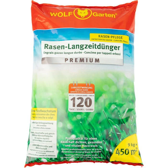 Wolf-Garten Rasendünger LE 450 Premium, Langzeitwirkung Bis 120 Tage, 9 Kg Für 450m²