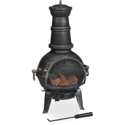 Relaxdays Feuerschale 10033797, 46 X 86cm, Stahl, Terrassenofen Mit Feuerhaken & Funkenschutz